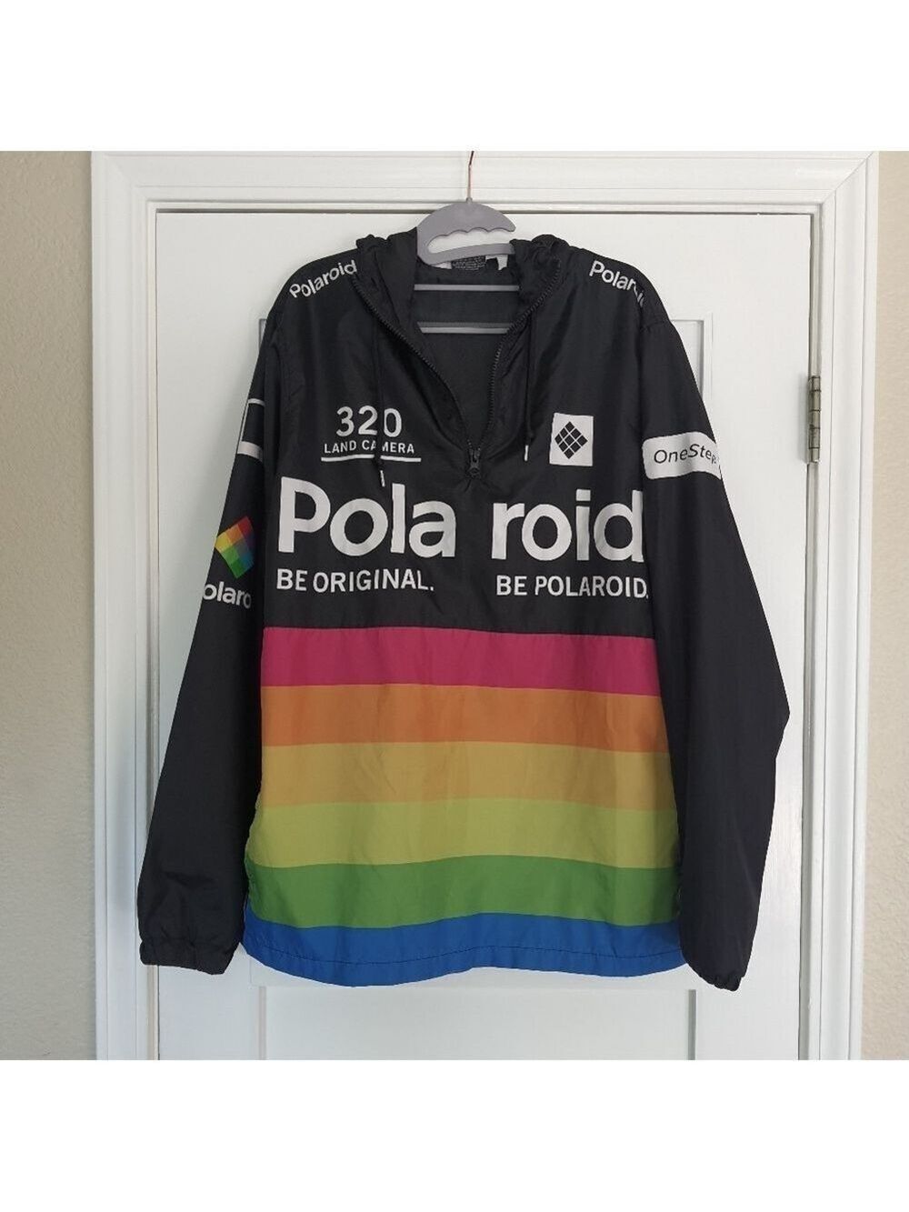 Polaroid Windbreaker Hoodie Black Multicolor Stripes Colorblock Retro Pullover